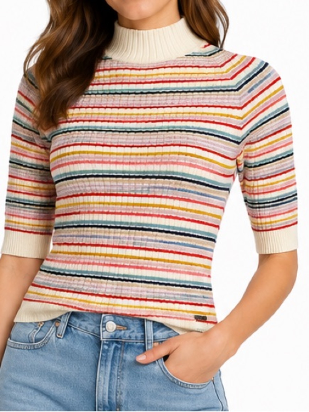 Nümph Alexane Ribbed Mock Neck Sweater Top M Multicolor Stripe Knit